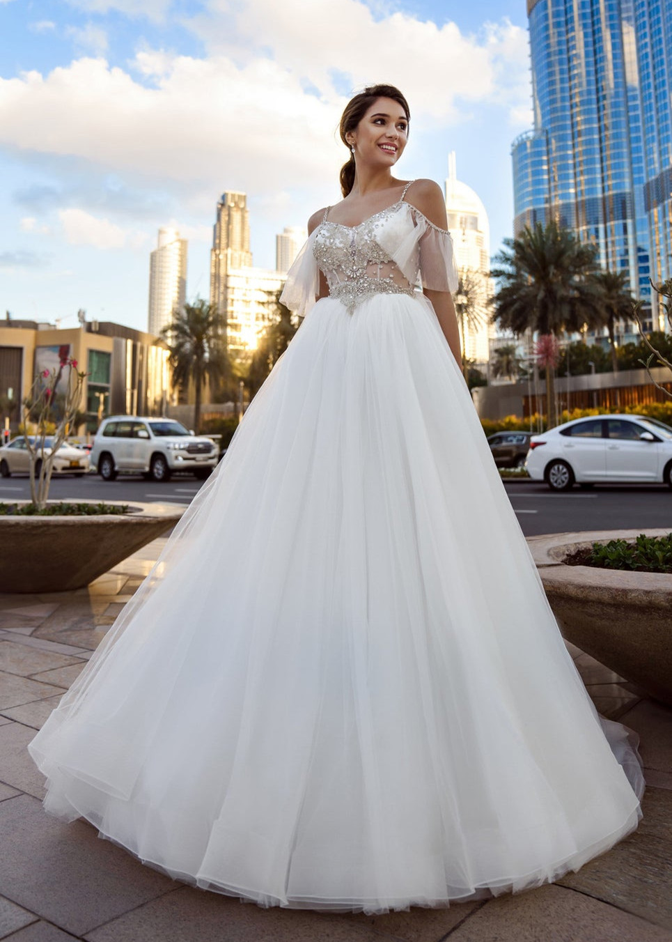 Aline Beaded Cold Shoulder Ivory Tulle Wedding Dress